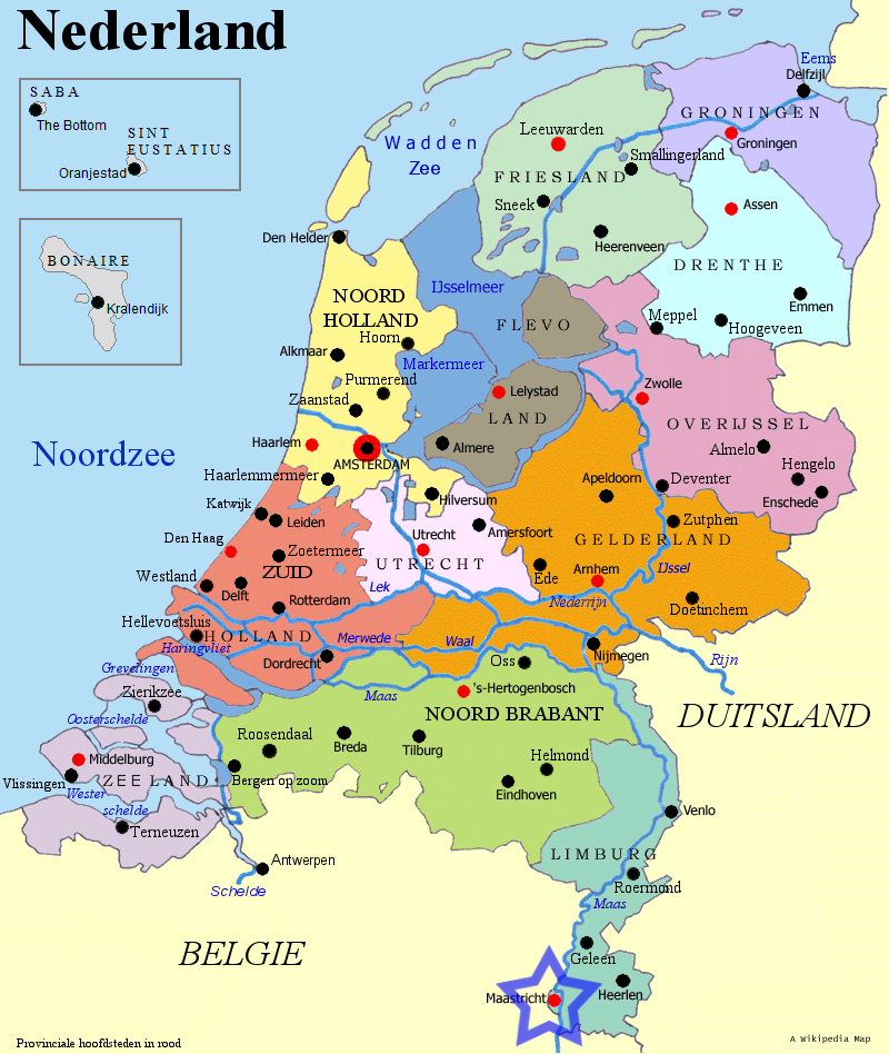 Map of the Netherlands with Maastricht starred in the south