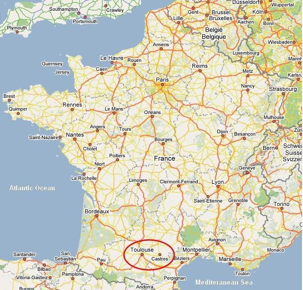 Map of France with Toulouse circled in the southwest